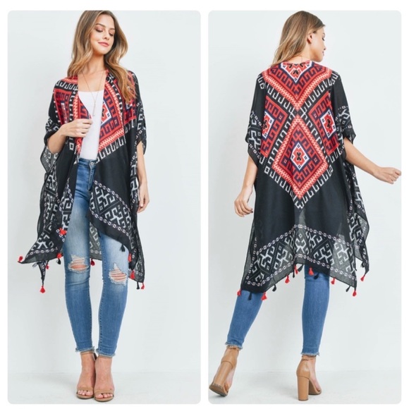 riah fashion Other - SALE! 💟 One Size Boho Summer Kimono Black & Red Pattern with Tassels ☮️